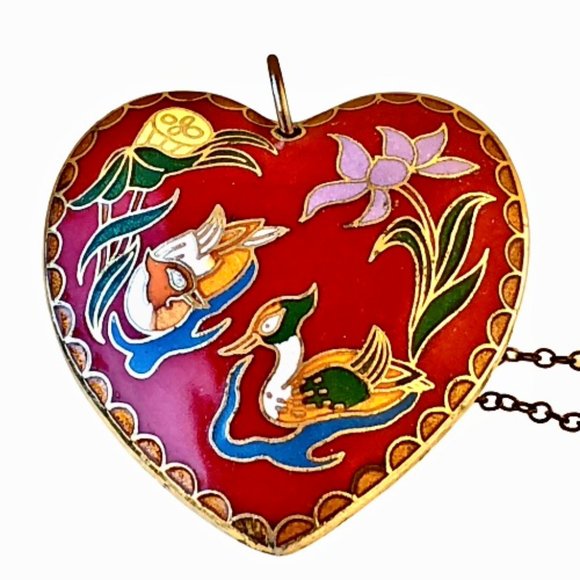 Vintage Cloisonne Large Heart Puffy Double Sided Enamel Pendant Necklace Red Blu - Picture 10 of 16